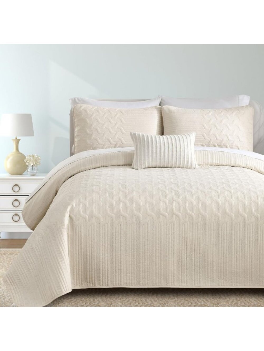 Beige California King Quilt Set, Ultrasonic Wave Bedspread, Cozy Bedding Decor